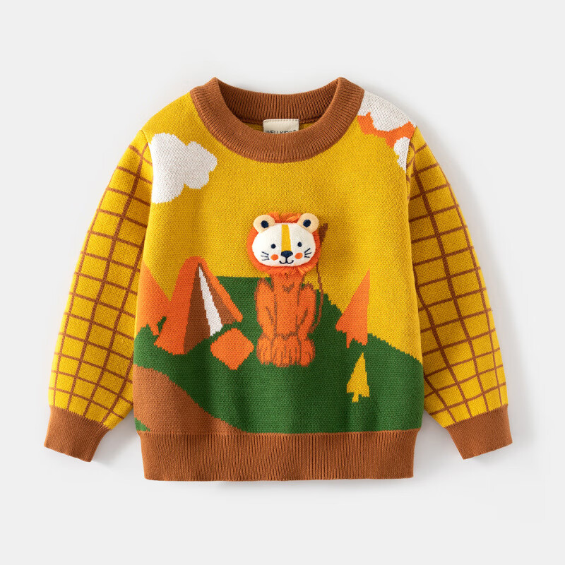 WELLKIDS潮流卡通毛衣秋冬新款男童套头衫宝宝毛线衣服韩版儿童毛衣 蓝色狮子 90