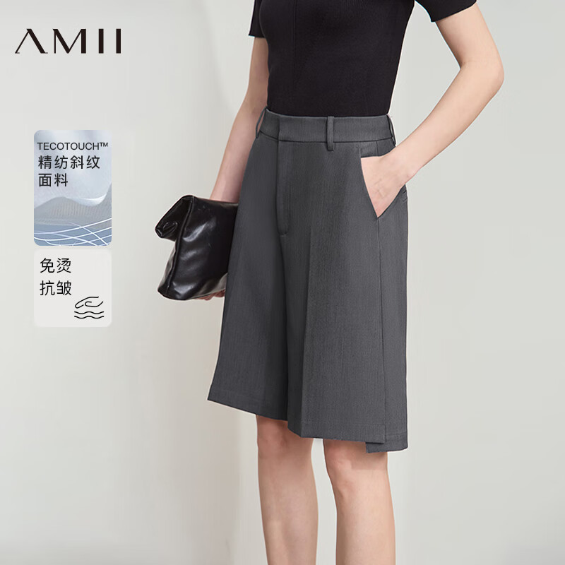 AMII2025夏極簡新款通勤風純色插袋直筒短西褲休閑短褲女 碩石灰 M