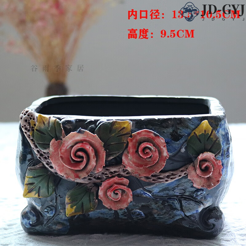 高級(jí)感復(fù)古輕奢景德鎮(zhèn)粗陶多肉花盆粘花韓式手繪手捏花創(chuàng)意桌面 大方形盆01 陶瓷 x 中等