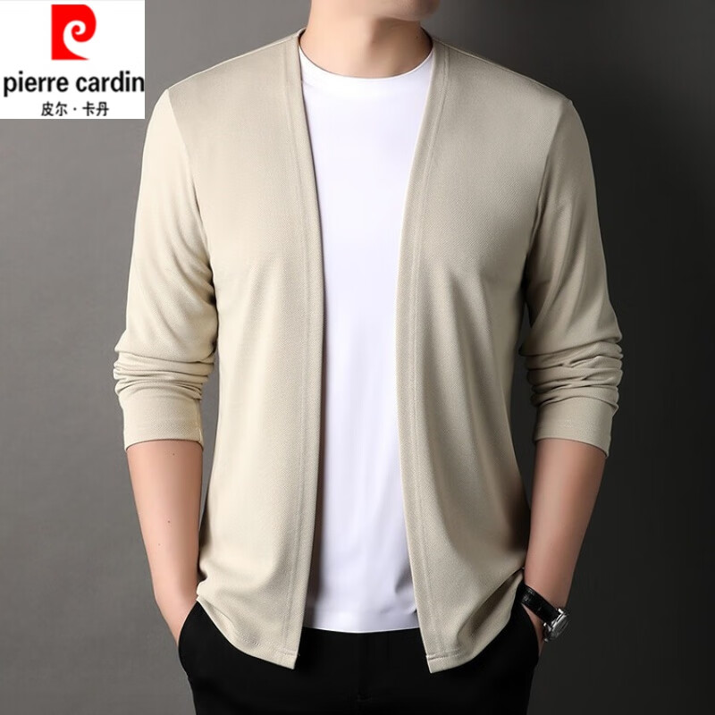 皮尔卡丹春秋季纯色开衫男士潮流针织衫外穿中青年休闲宽松薄款披肩外套男 杏色7686 XL 175【建议130至148斤】