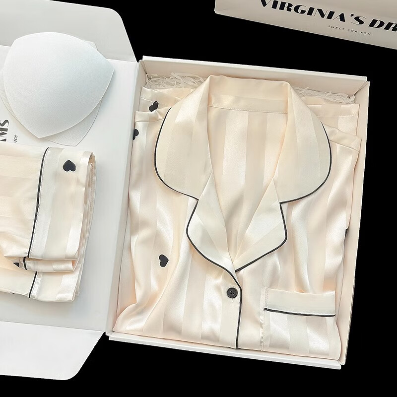 GP MADAM条纹冰丝睡衣礼盒装春夏高级感生日礼物送高级感家居服套装带胸垫 爱心条纹【短袖+短裤】 带胸垫 XL 【建议120-145斤】