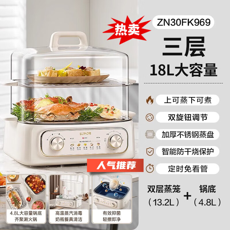 苏泊er电蒸锅多功能家用三层2024新款蒸菜笼煮炖多功能一体锅正品 白色 三层【两层蒸笼+抗菌不粘底锅】 3层