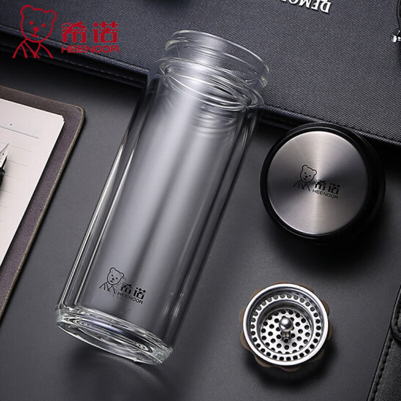 希诺(heenoor)双层玻璃杯男士高档办公车载水杯家用高硼硅隔热防烫大容量泡茶杯 6711本色-315ml-正品小熊杯盖