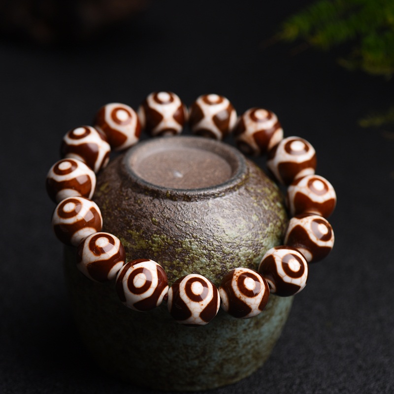 卫城西藏古法三眼天珠手链火供开片高瓷老天珠手串大年份男女14mm圆珠