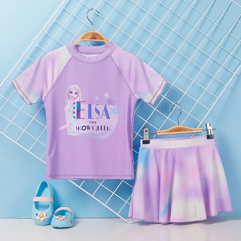 迪士尼 DISNEY 儿童泳衣女童分体泳衣套装短袖短裙冰雪奇缘 SF220255 紫色 110