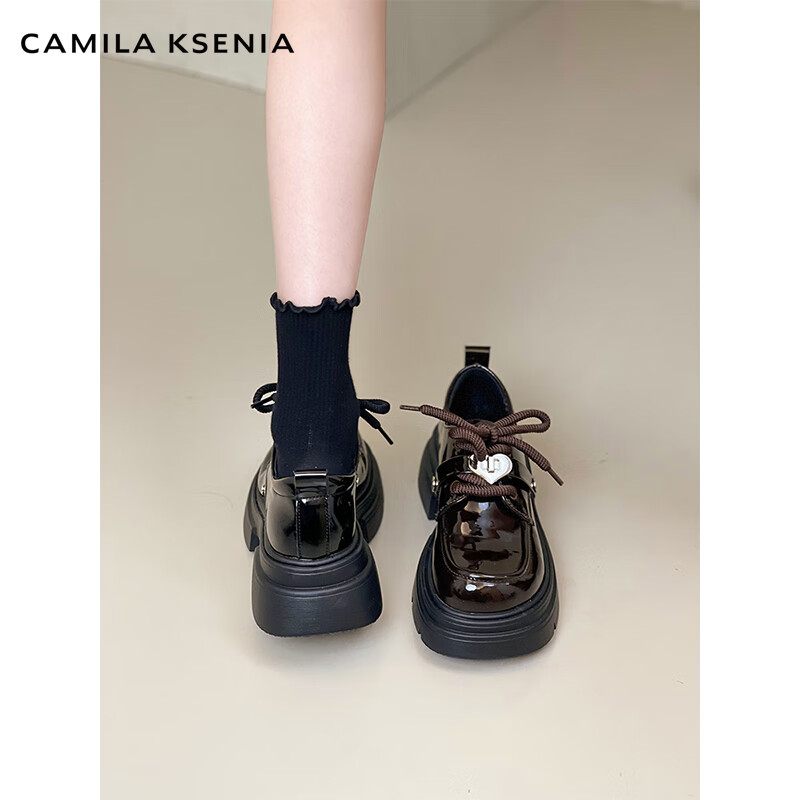 CAMILA KSENIA乐福鞋女夏季2026新款蝴蝶结厚底增高小皮鞋英伦风复古玛丽珍鞋子 亮棕色 37
