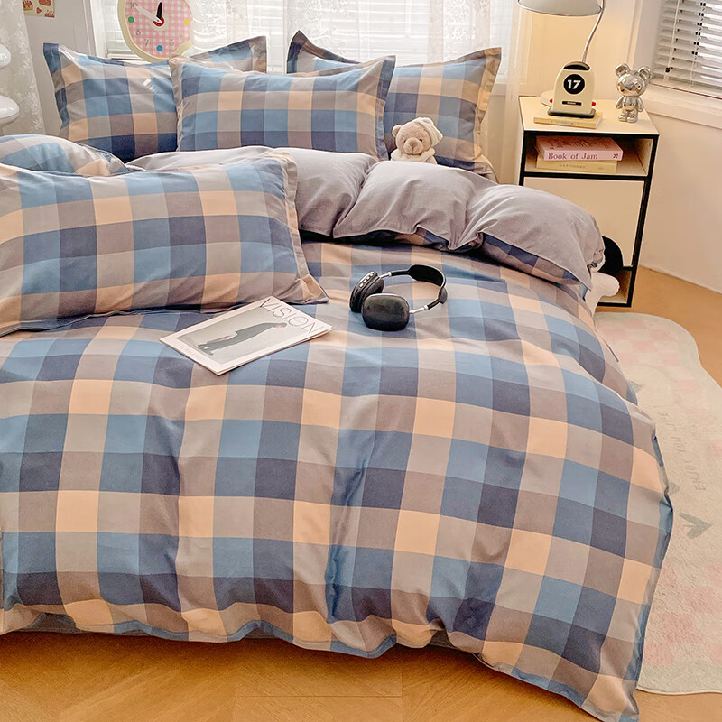 羽匠加厚磨毛小清新印花四件套学生宿舍套件家用床单柔软四件套秋冬季 千趣格 床单款 三件套（被套150*200cm）