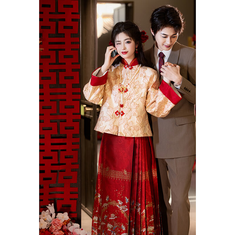 學(xué)子言孕婦新娘結(jié)婚禮服胖mm加肥加大新中式馬面敬酒服孕婦新娘秀禾旗袍 酒紅色套裝F0258送掛墜 3XL