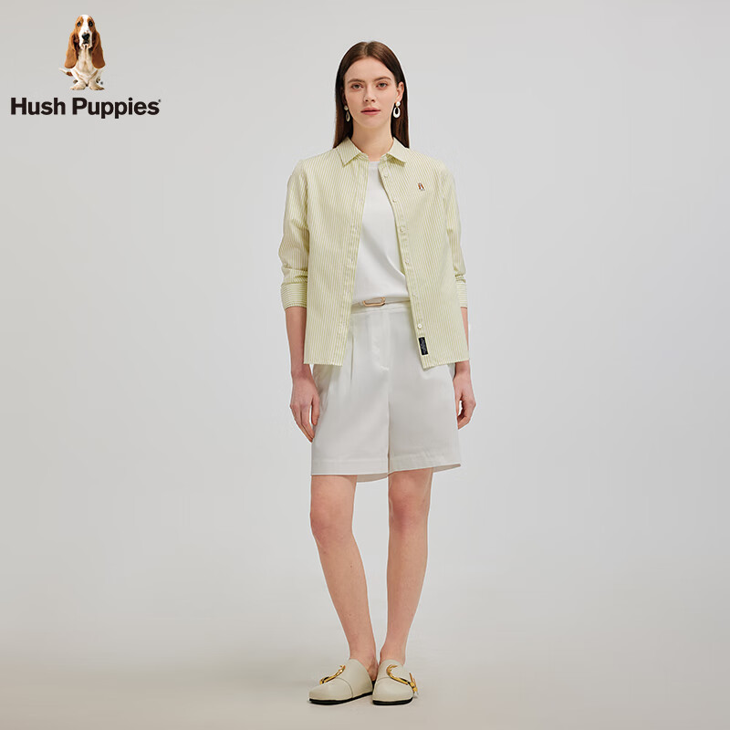 暇步士(Hush Puppies)【休闲简约】女装2025春秋棉感条纹彩色长袖衬衫 芦苇绿 M