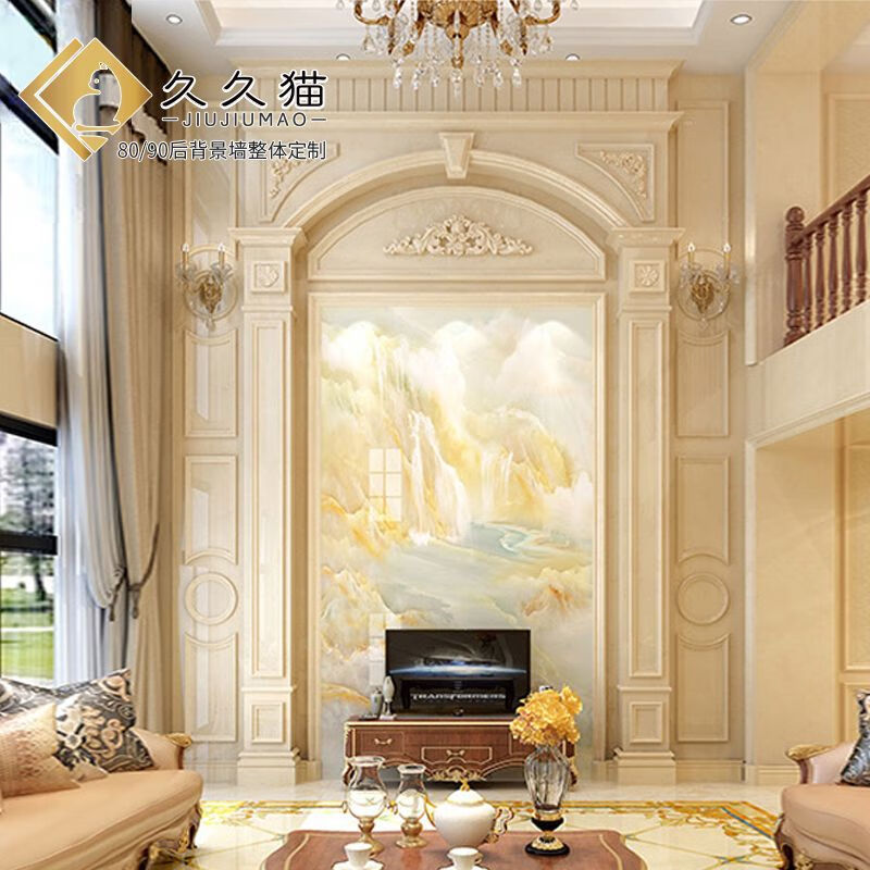 歐式別墅羅馬柱背景墻大理石中空護(hù)墻板簡(jiǎn)歐石材樓中樓挑高電視墻 墻芯瓷磚微晶石 /1平方米 1-1