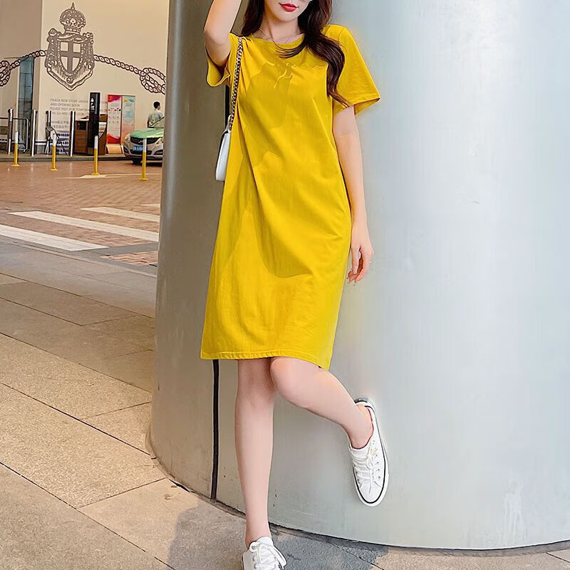 愷吉銳原宿港風(fēng)連衣裙女2025夏裝中長(zhǎng)款減齡T恤裙 8993黃色 M