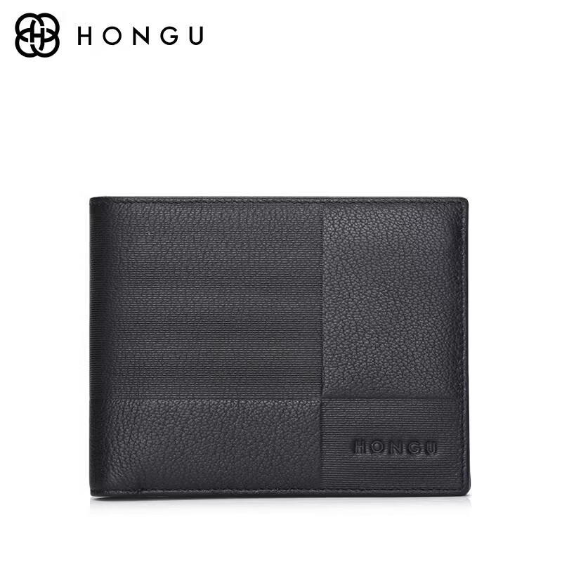 紅谷（HONGU）新款錢包男式真皮短款銀包拼接錢夾商務休閑頭層牛皮青年皮夾 時尚格子-橫款