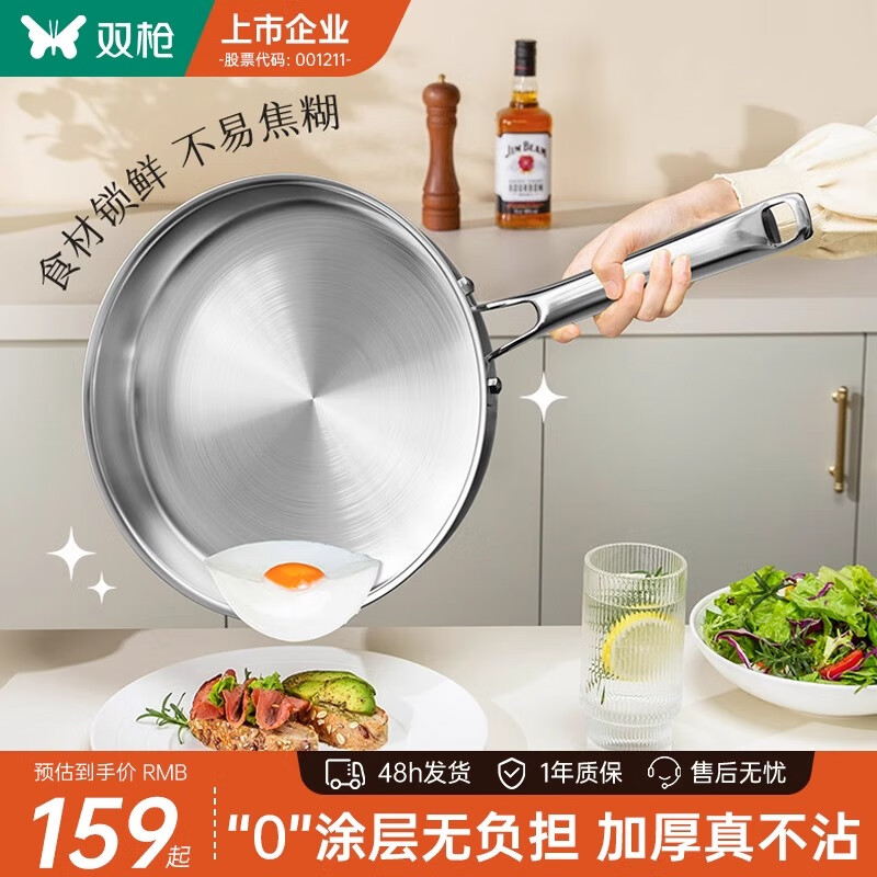 双枪316L不锈钢平底锅无涂层炒锅煎锅家用不粘锅煎蛋牛排早餐烙饼 【大号无盖】316L不锈钢- 24cm