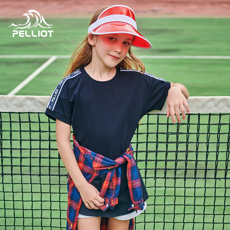 伯希和（Pelliot）兒童女夏季上衣洋氣裙裝運動長款短袖T恤衫女童 藏藍色 140