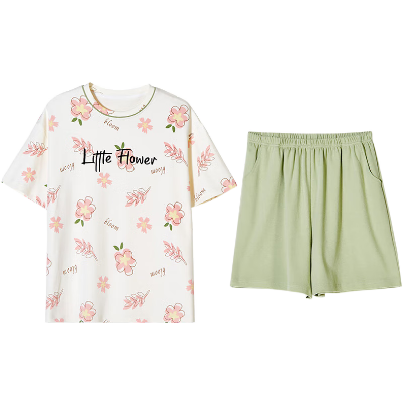 達(dá)爾麗純棉家居服女款2025新款圓領(lǐng)短袖短褲夏季田園風(fēng)印花女士睡衣套裝 T8241261-062-淺黃色 L