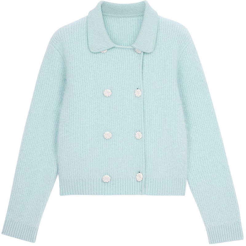 ERDOS 春夏翻领双排扣外套清新减龄拉绒罗纹毛衣女开衫羊绒衫 薄荷绿 XL 175/92A