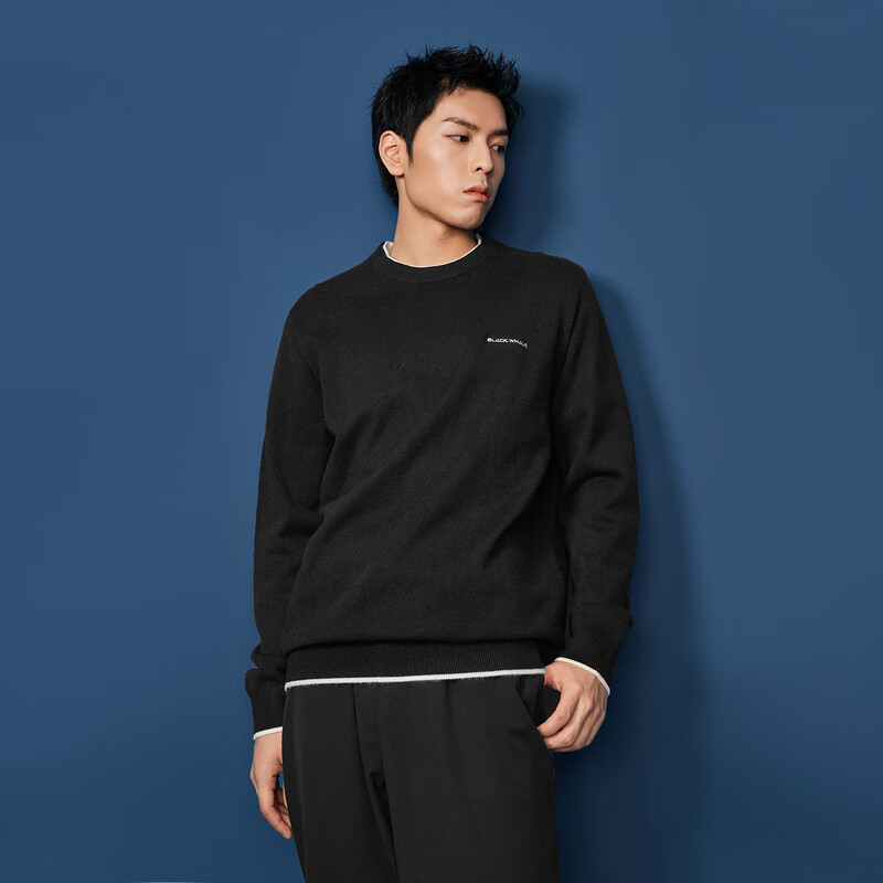 HLA海澜之家旗下黑鲸假两件圆领针织衫男秋季简约基础套头衫男