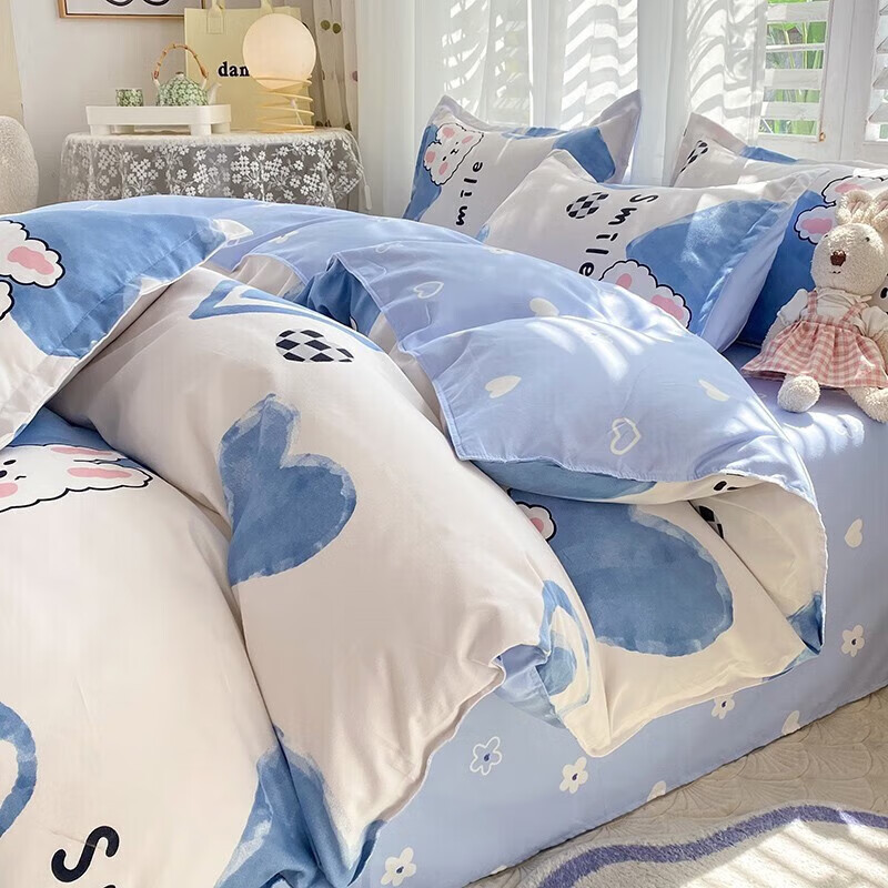 软贝 小清新四件套 透气亲肤 印花卡通简约田园套件被套床单床上用品 甜心小熊 床单款 1.2m三件套(被套150*200cm