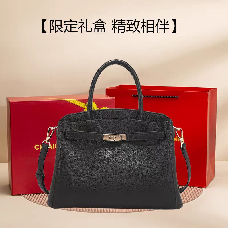 酷奇袋鼠包包酷奇女包头层牛皮通勤包大包女软牛皮包真皮手提包单肩斜挎包 黑色