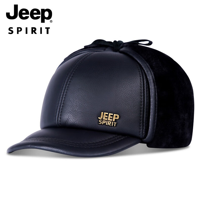JEEP SPIRIT吉普真皮帽子男秋冬季中老年人爸爸帽保暖加絨護耳帽吉普加厚牛皮 A0667黑色 L (56-59)