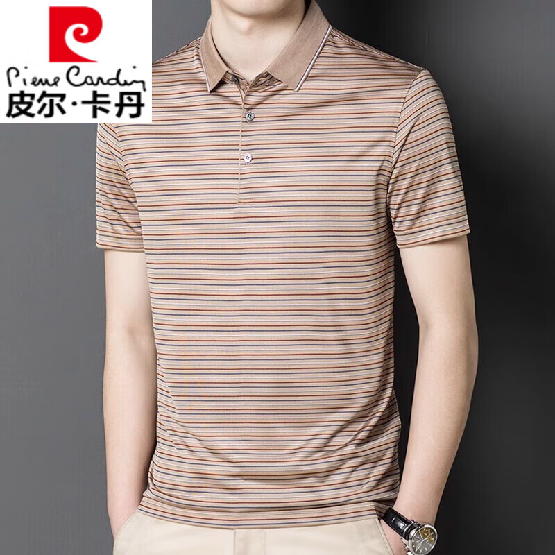 皮爾卡丹（pierre cardin）透氣短袖t恤男士翻領爸爸夏裝中年寬松條紋冰絲polo保羅衫薄 SJ1503款駝色 2XL 180