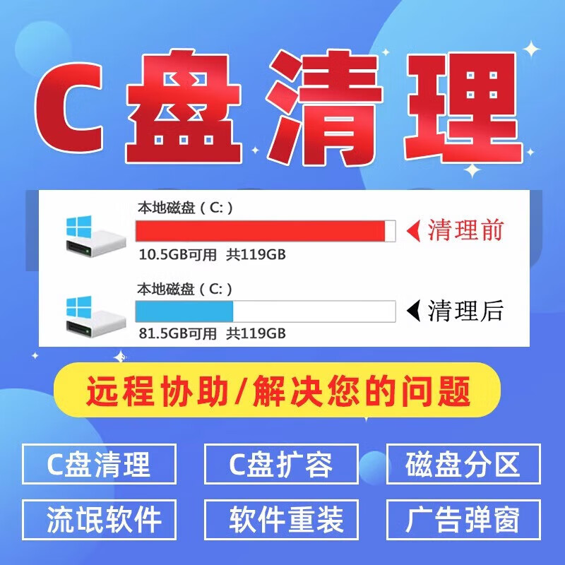 远程电脑C盘清理扩容硬盘分区流氓软件弹窗广告病毒系统内存优化 电脑清理下单前联系客服