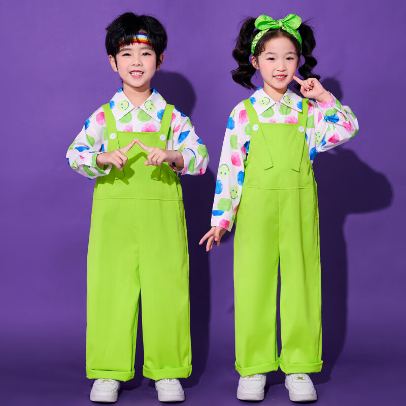 喆湘精品儿童演出服运动会啦啦队服长袖彩色可爱背带裤舞蹈服幼儿园表 k51黄色背带裤 180 cm