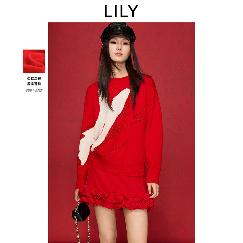 LILY【锦色印象】2025春新款女装含绵羊毛新年锦鲤圆领红色毛衣女 101红色 M