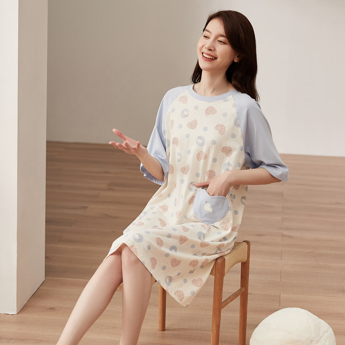 顶瓜瓜女士纯棉短袖睡裙休闲可外穿圆领套头睡裙女 白底印花 XL (170)