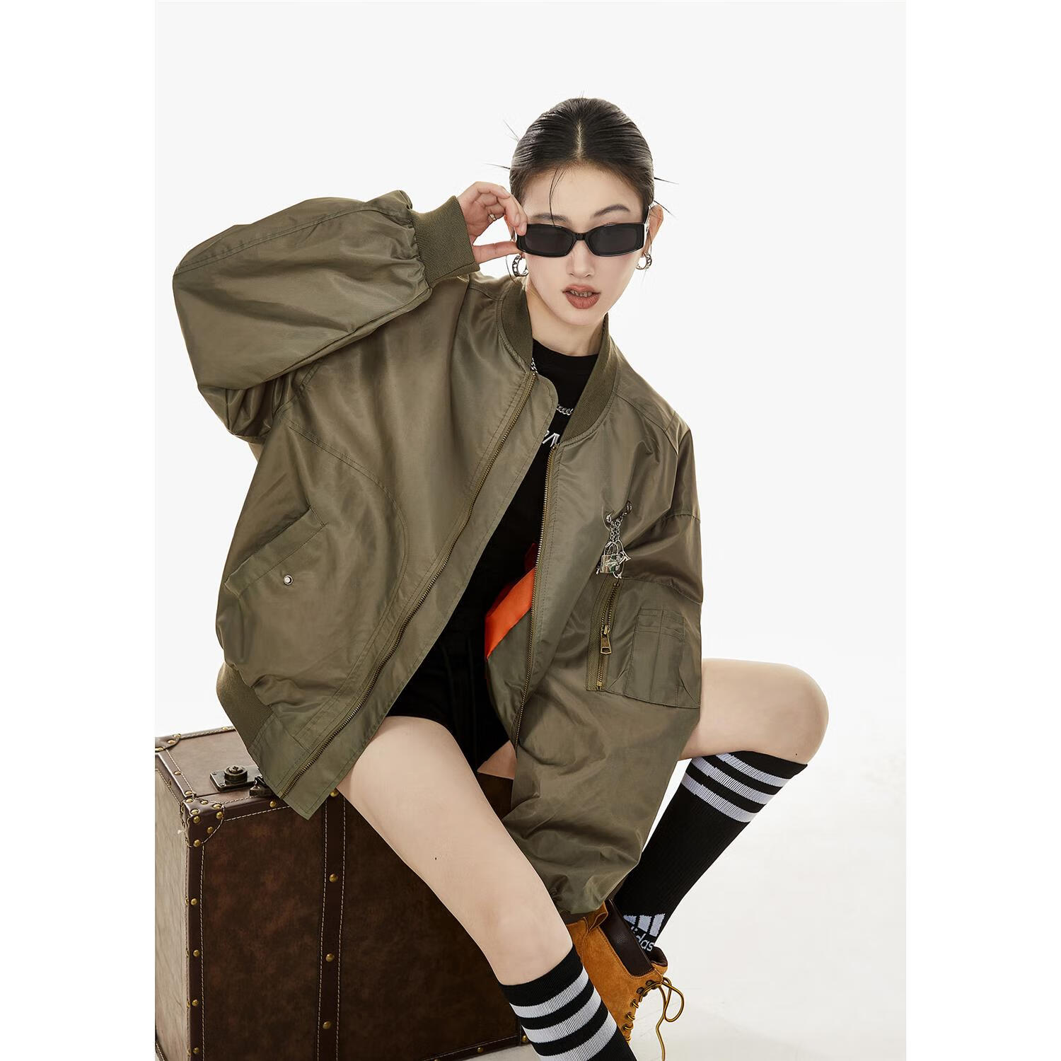 ICH MODE美式潮牌棒球服外套女2025春季新款宽松飞行夹克上衣男 军绿色 M