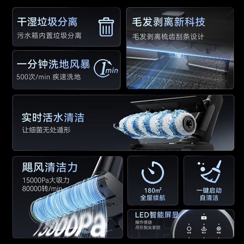 松下家用洗地机吸拖洗一体机无线拖地机智能洗涤机手持扫地机活水清洁深层杀菌持久续航 珍珠白【干湿分离+毛发剥离新科技】