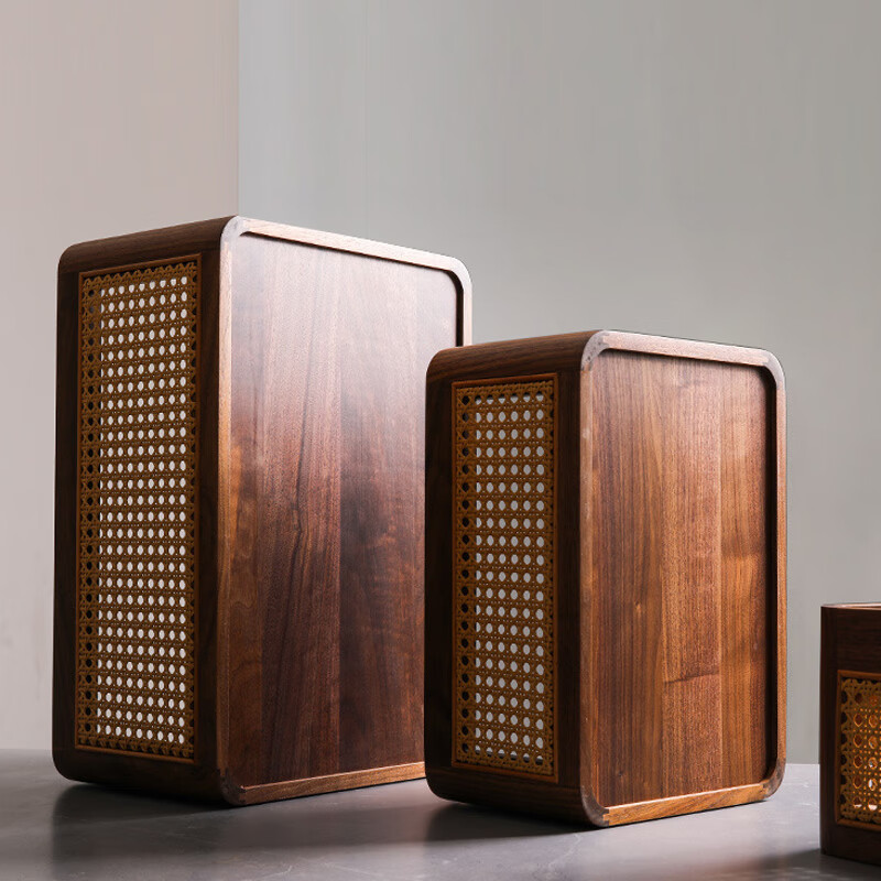 LIUIUSU手工实木藤编收纳篮 黑胡桃木高级轻奢衣物收纳筐桌面整理杂物筐 藤木筐-大号高款（45*30*20cm）