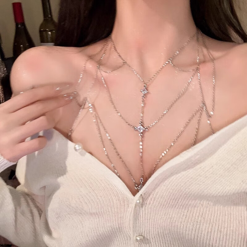 束芬胸鏈身體鏈性感鎖骨鏈吊墜女款辣妹吊帶后背鏈時(shí)尚比基尼露背裝飾 Q0107閃鋯流蘇身體鏈