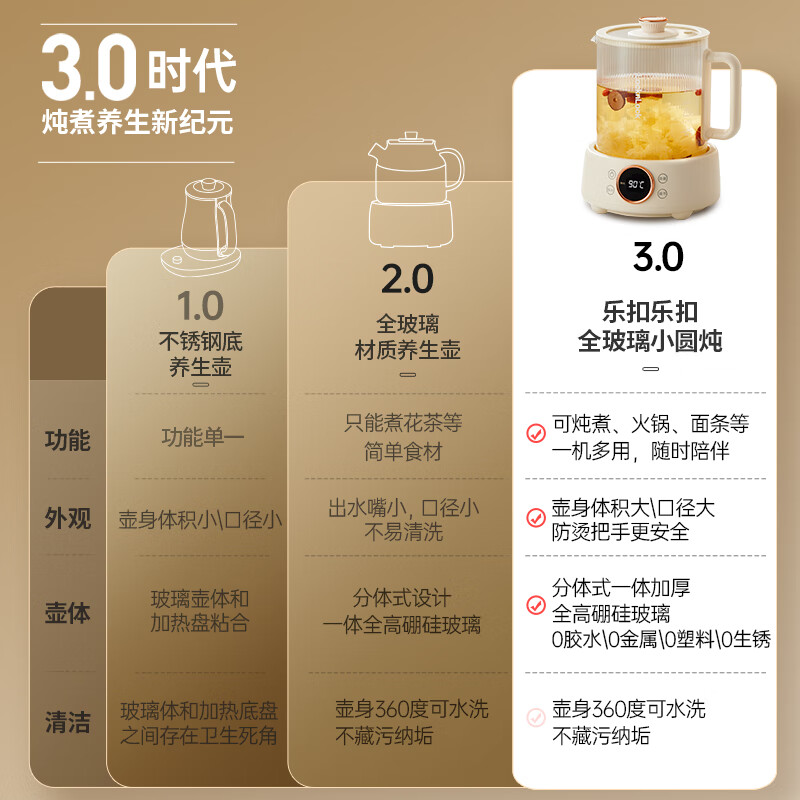 乐扣乐扣全玻璃养生壶电热水壶分体式烧水煮茶壶小花茶壶恒温加热保温迷你泡茶壶1L 炖煮款-含茶漏 1L