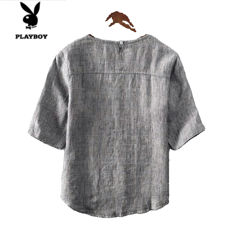 花花公子（PLAYBOY）中国风亚麻t恤男短袖棉麻口袋上衣夏季薄款拼接宽松男装体恤男潮 灰色 4XL 建议190-210斤