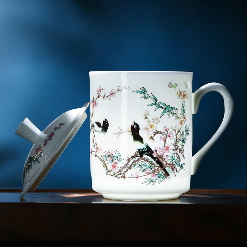 青花杯景德镇陶瓷茶杯带盖青花瓷器办公室会议杯礼品 雪景 500ml