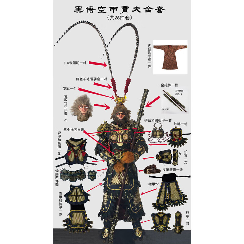 福杰瑞黑色神话悟空cos甲胄铠甲盔甲仿山纹分体甲真人可穿戴仿金属硬派 成人 黑悟空甲胄大全套