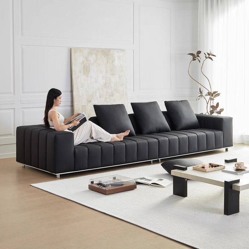 与非门钢琴键沙发意式极简大平层别墅横厅自由人联名黑色直排真皮沙发 【纳帕超纤皮】 长 2.66m 【十格全琴键座包】