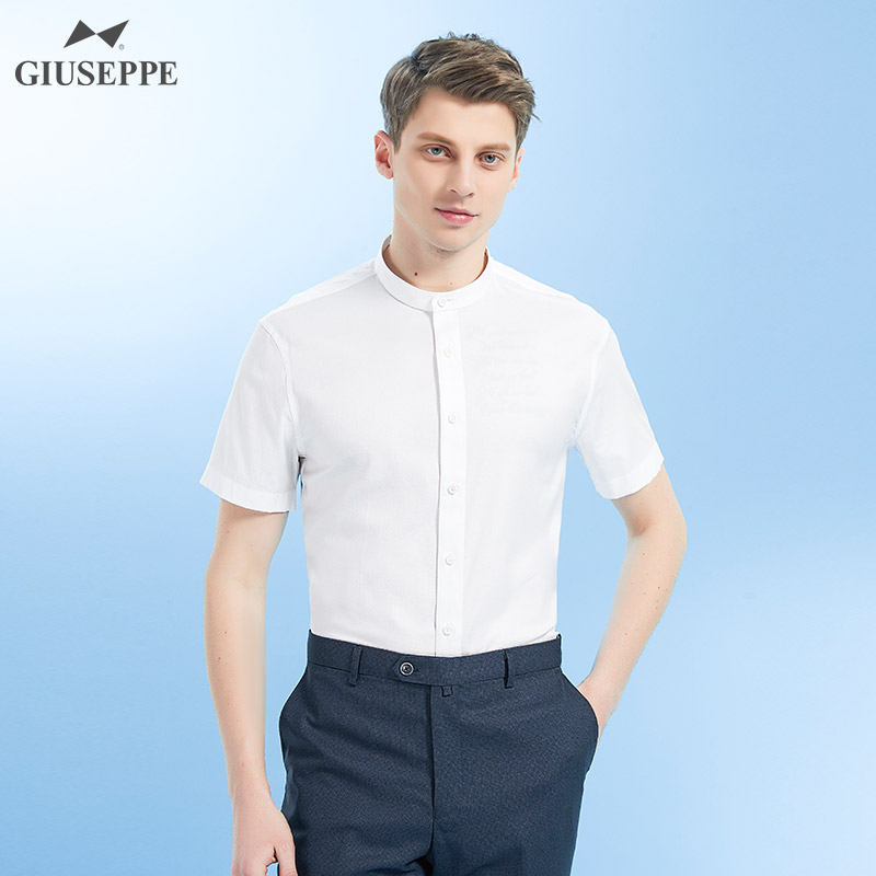 giuseppe/乔治白夏季男士短袖衬衫立领微弹修身休闲白衬衣上衣 白色
