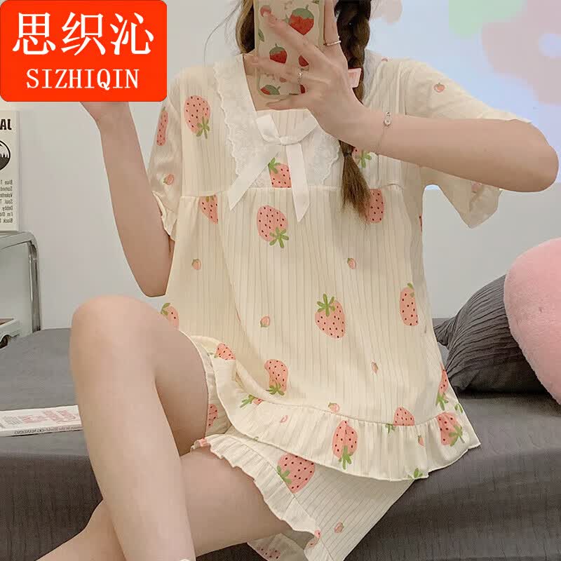 思织沁新款家居服两件套甜美可爱蕾丝边短袖短裤两件套宽松可外穿家居服 黄袖 XL(111-125斤)