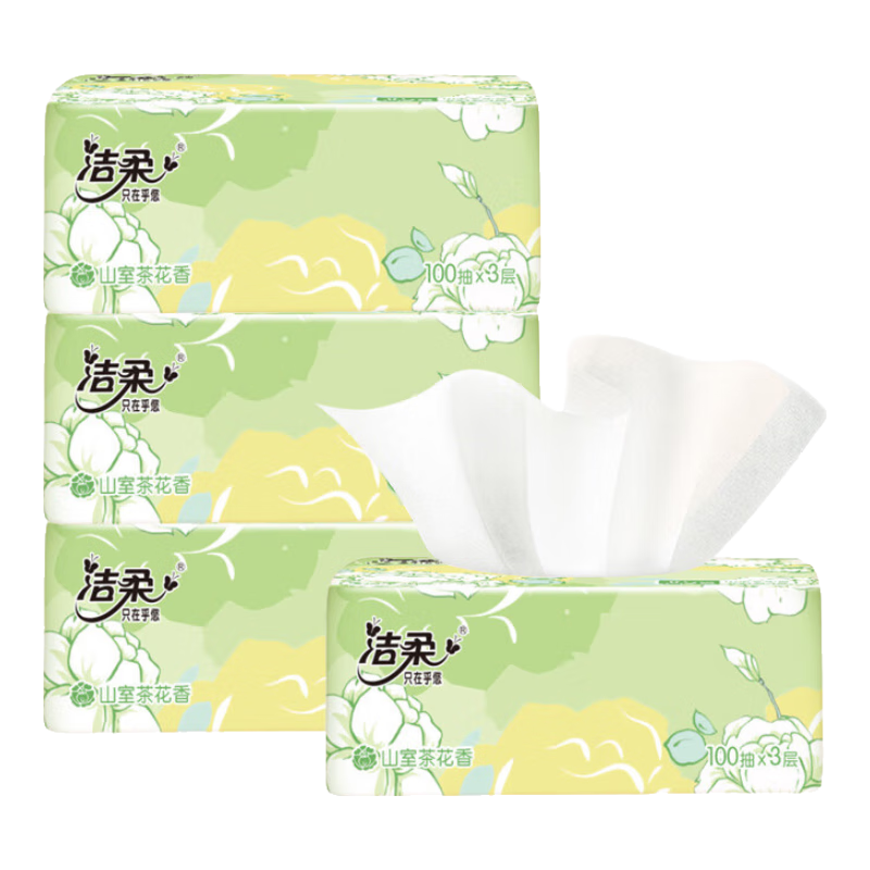 洁柔抽纸山室茶花香纸巾实惠家用整箱可湿水面巾纸餐巾纸擦手 3层 100抽*1包