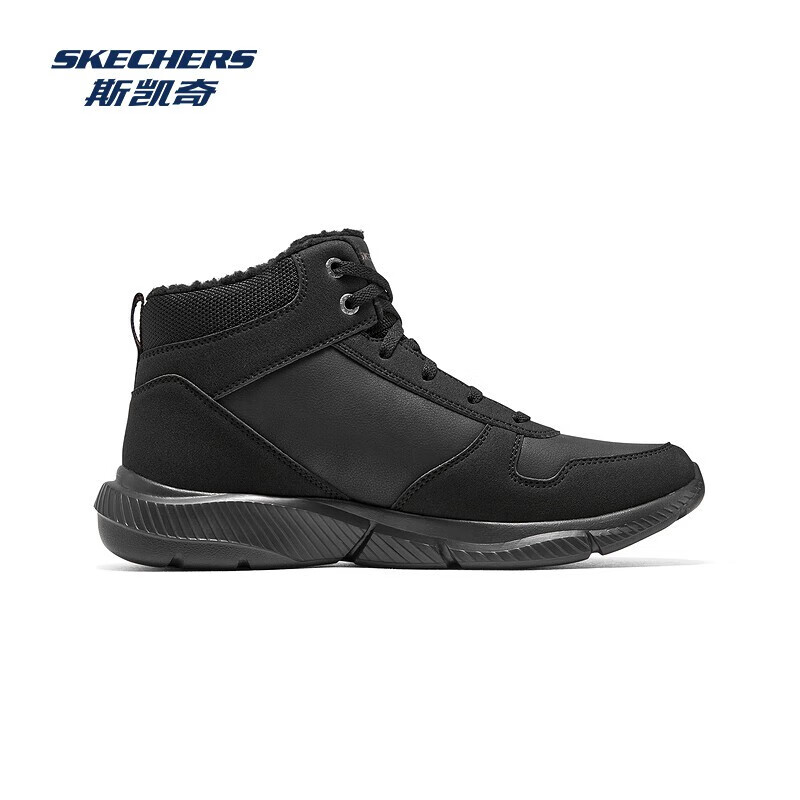 斯凯奇（Skechers）秋季新款男士绑带高帮鞋舒适保暖加绒柔软舒适鞋子 全黑色/BBK 42