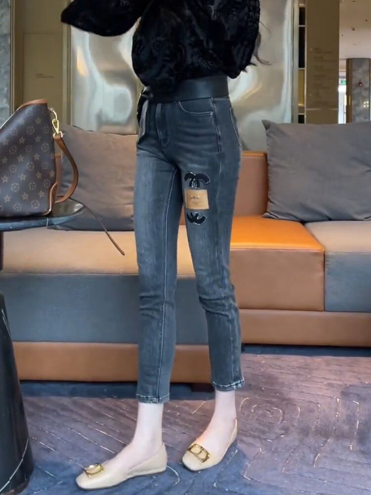 汐汐慕灰色高腰彈力九分小腳牛仔褲女春季新款大碼修身顯瘦小個(gè)子鉛筆褲 圖片色 M 建議85-105斤