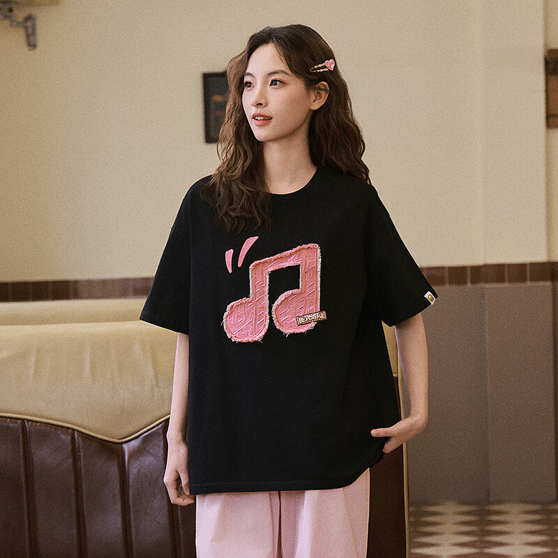 B.Duck小黄鸭短袖T恤女2025夏季新款宽松印花休闲甜美圆领t恤女 黑色-音符 L