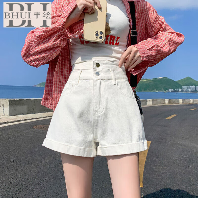 半繪黑色高腰牛仔短褲女夏季新款寬松顯瘦闊腿復(fù)古卷邊a字短熱褲ins 白色 M