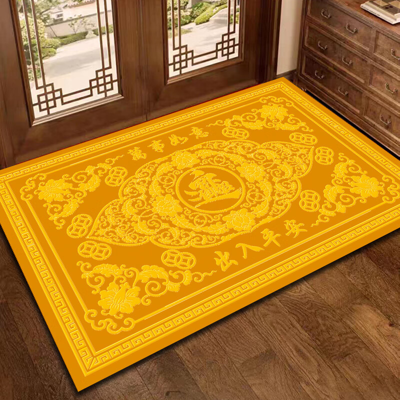 迎菲金色黄色入户门地垫脚垫2026年新款门垫进门口地垫玄关地垫可裁剪 赤金色-聚财(出入平安) 50cm*80cm 【皮革-横版】高*长