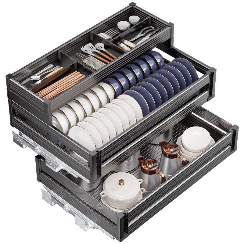 卡贝厨房拉篮橱柜抽屉式内置三层铝合金碗篮锅碗筷收纳架子碗碟置物架