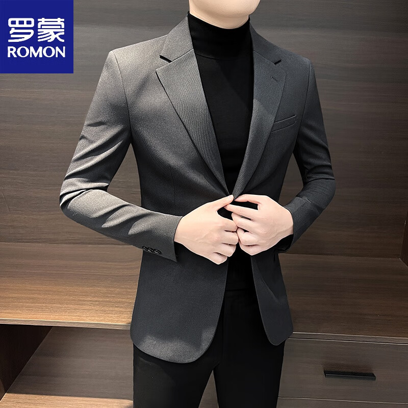 罗蒙（ROMON）痞帅西装外套男士春秋季商务单西男装2025新款感休闲西服男款 灰色 M 【建议115斤以内】