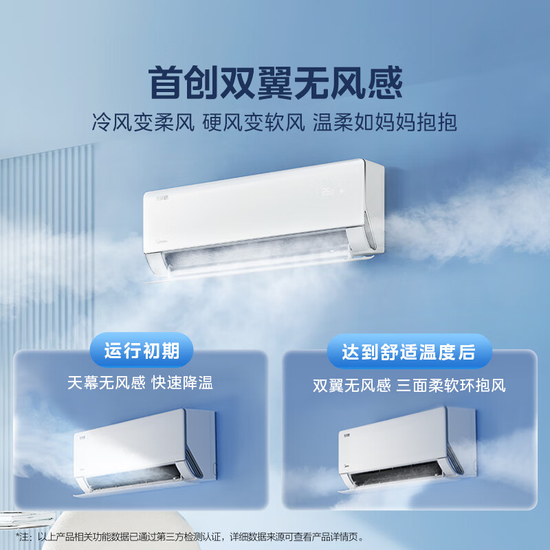 美的空调 大1匹/1.5匹 云朵系列 无风感 母婴级净护 节能省电 家用卧室冷暖挂机 国家补贴 以旧换新 无风感 大1匹 双翼无风感