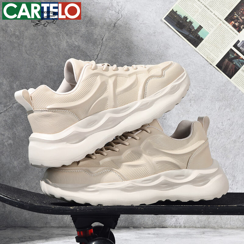 卡帝乐鳄鱼男鞋新款百搭运动鞋子男休闲秋冬季运动鞋透气厚底增高老爹鞋 米色 QH8551 42